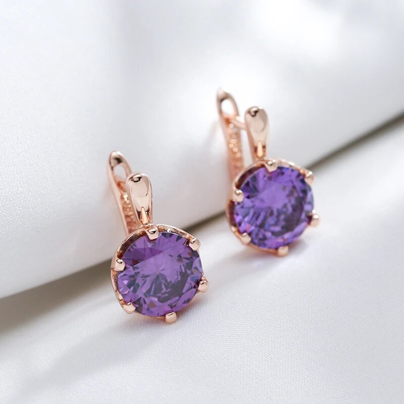 Boucles d'oreilles zircons mauves facettés, bijou en plaqué or rose 585 (14 carats) et en zircons naturels