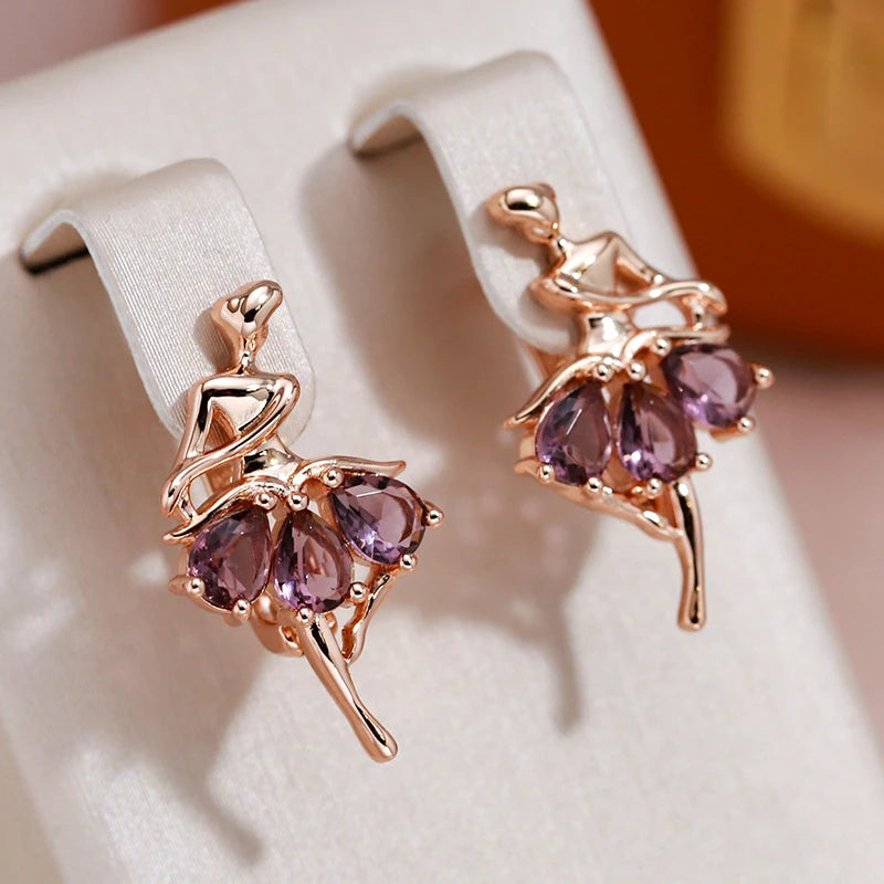 Boucles d'oreilles Ballerines, zircons mauves, bijou en alliage plaqué or 585 (14 carats) et en zircons naturels