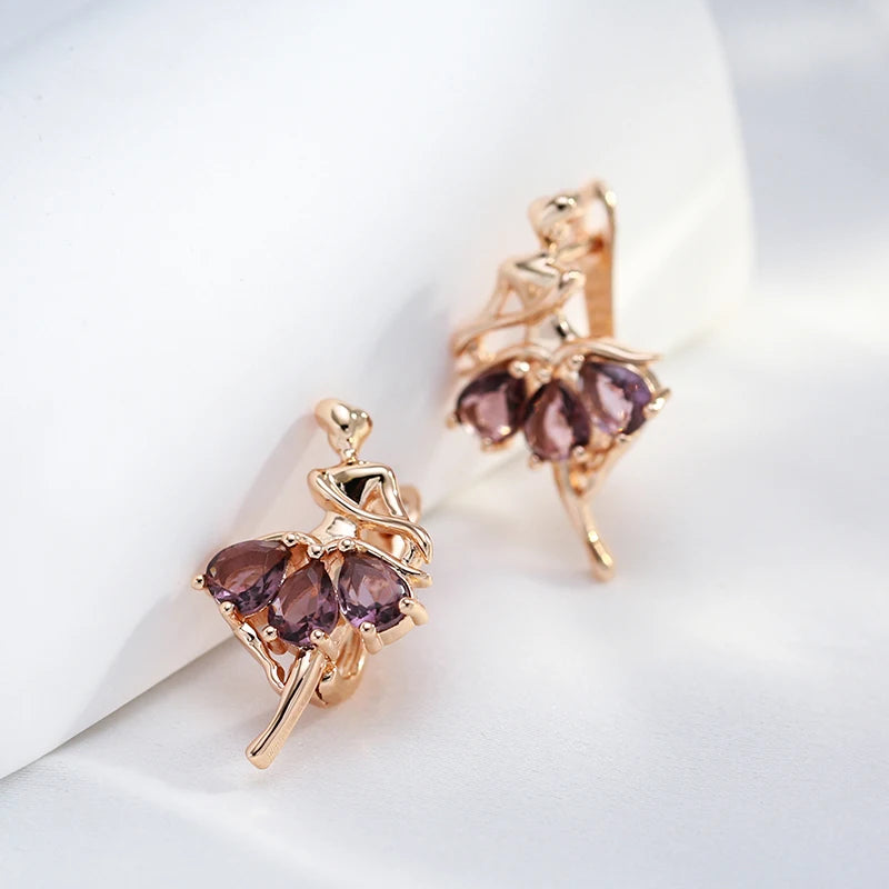 Boucles d'oreilles Ballerines, zircons mauves, bijou en alliage plaqué or 585 (14 carats) et en zircons naturels
