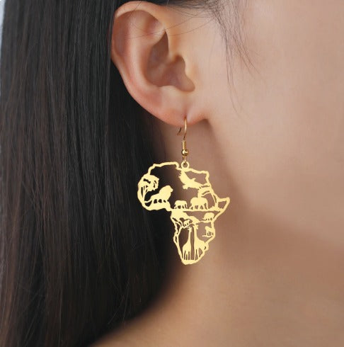 Boucles d'oreilles avec carte de l'Afrique, bijou en acier inoxydable doré