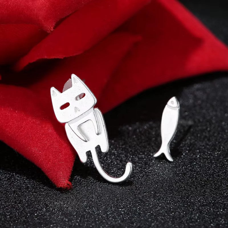 Boucles d'oreilles Chat et Poisson, bijou en plaqué argent
