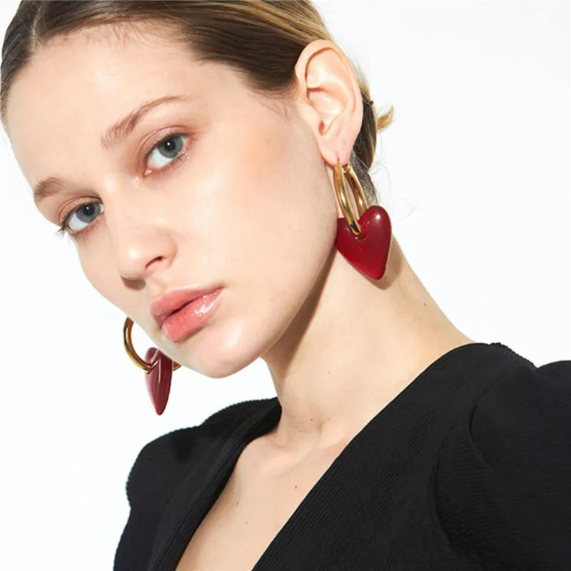 Boucles d'oreilles Coeurs rouges, bijou en alliage plaqué or