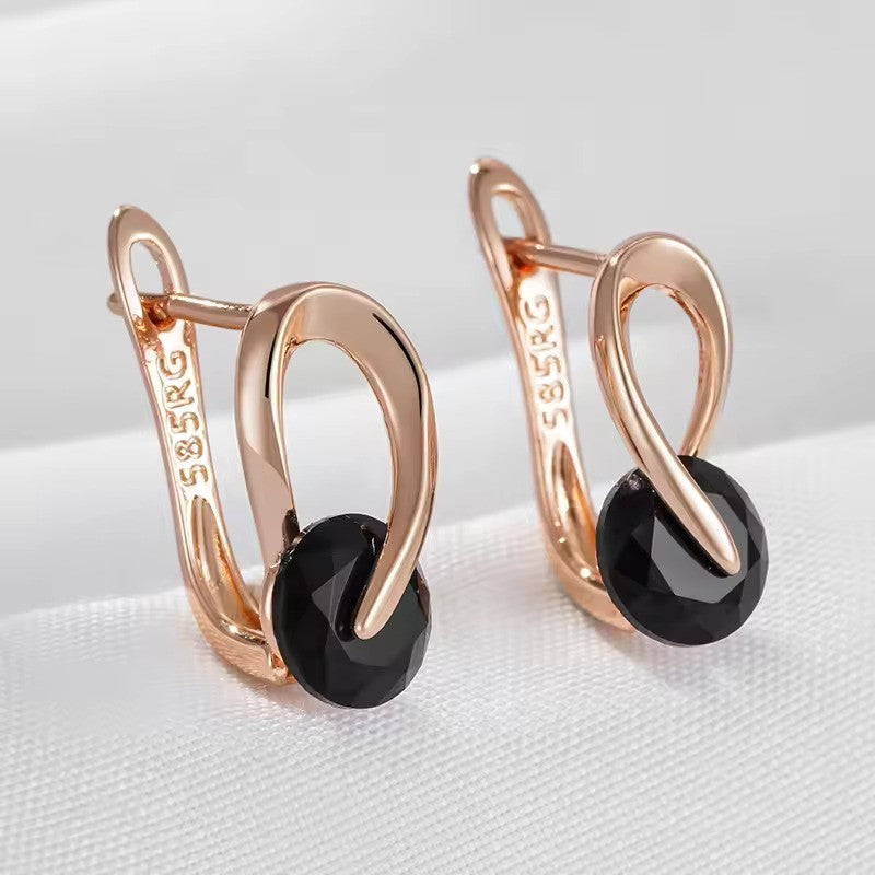 Boucles d'oreilles Courbe élégante & zircon noir, bijou en alliage plaqué or 585 (14 carats) et en zircons naturels