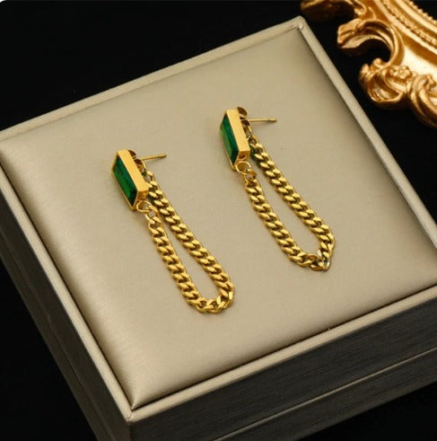 Boucles d'oreilles cristal vert émeraude, bijou en acier inoxydable plaqué or et en cristal