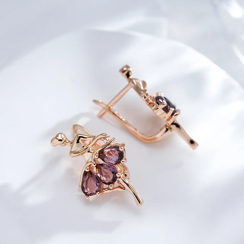 Boucles d'oreilles Ballerines, zircons mauves, bijou en alliage plaqué or 585 (14 carats) et en zircons naturels
