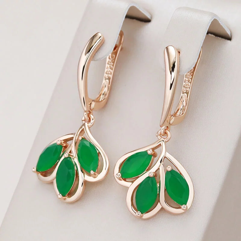 Boucles d'oreilles Feuilles avec zircons verts, bijou en plaqué or rose
