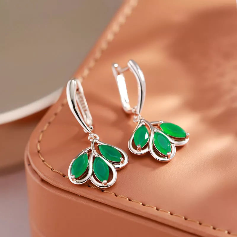 Boucles d'oreilles Feuilles avec zircons verts, bijou en plaqué or rose