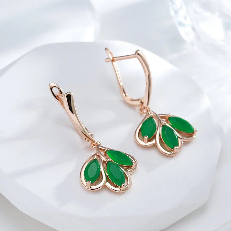 Boucles d'oreilles Feuilles avec zircons verts, bijou en plaqué or rose