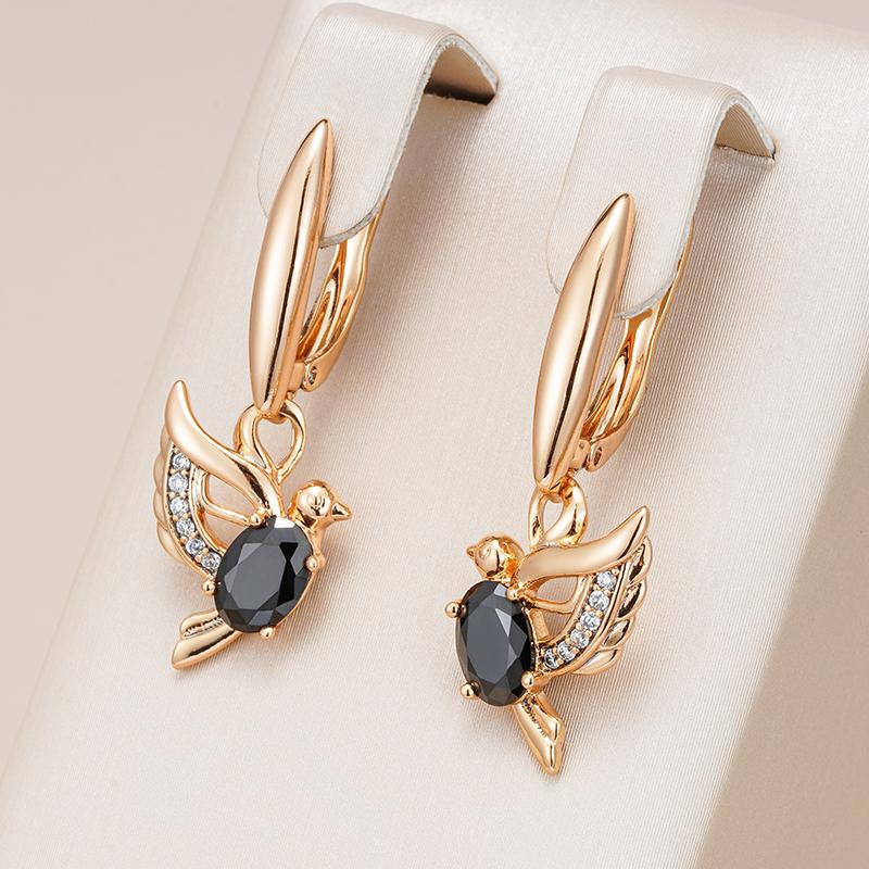 Boucles d'oreilles Oiseau noir, bijou en alliage plaqué or 585 (14 ct) et zircons naturels