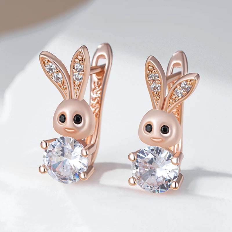 Boucles d'oreilles Lapins, bijou en plaqué or 585 (14 carats) et en zircons naturels