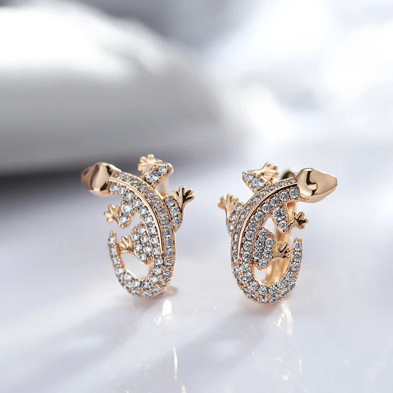 Boucles d'oreilles Lézards, bijou en alliage plaqué or 585 (14 ct) et zircons naturels