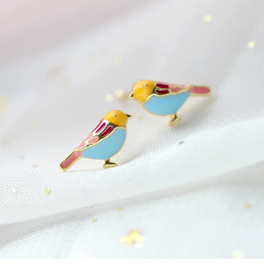 Boucles d'oreilles Oiseaux multicolores, bijou en plaqué or 585 (14 ct) et en émail