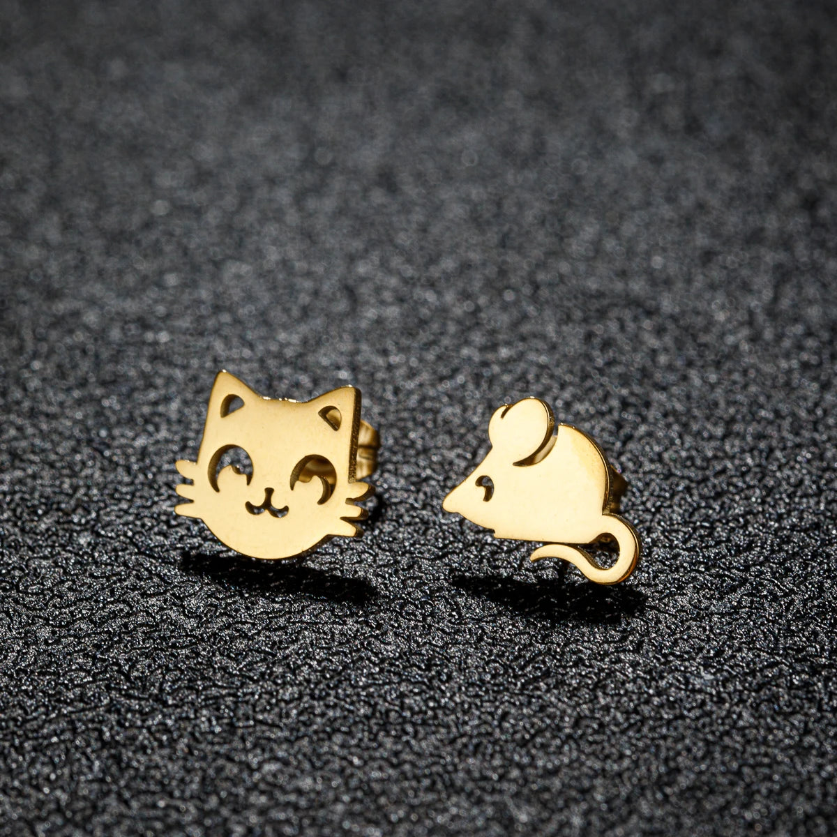 Boucles d'oreilles Chat et Souris, bijou en acier inoxydable doré