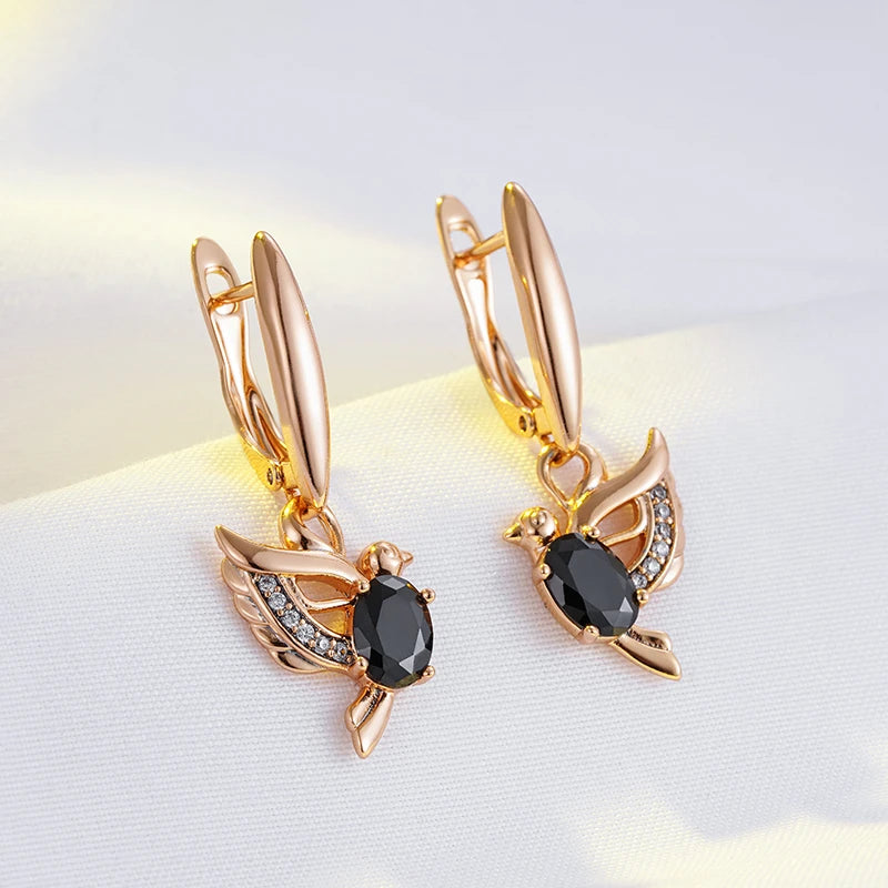 Boucles d'oreilles Oiseau noir, bijou en alliage plaqué or 585 (14 ct) et zircons naturels