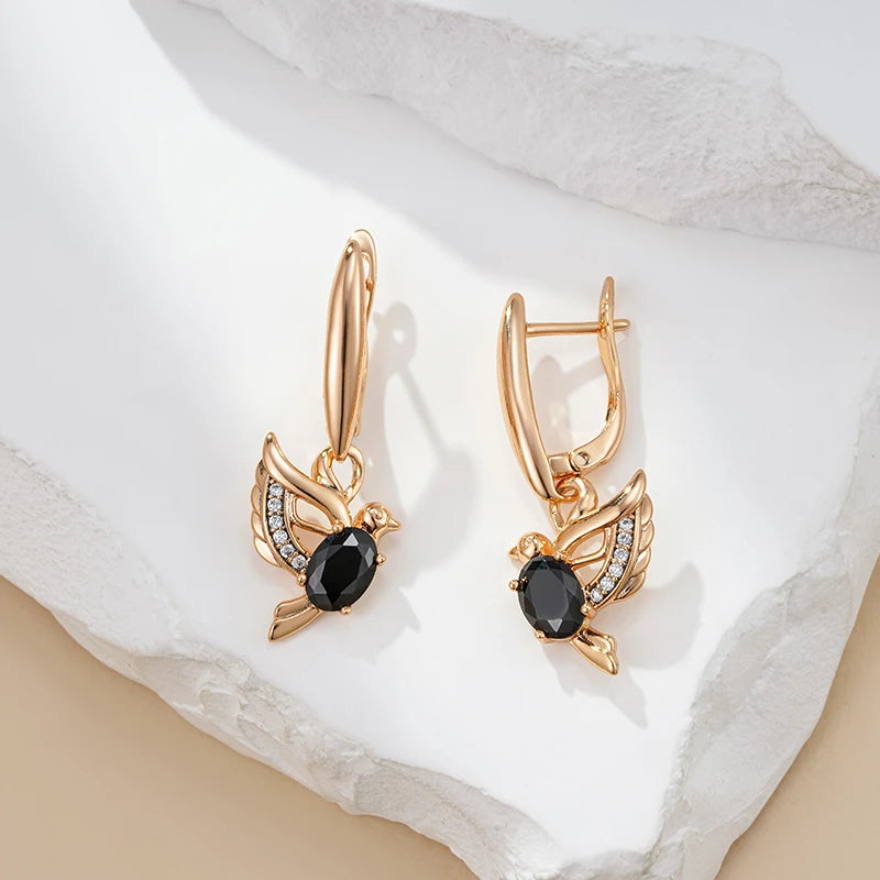 Boucles d'oreilles Oiseau noir, bijou en alliage plaqué or 585 (14 ct) et zircons naturels
