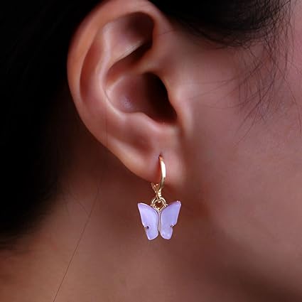 Boucles d'oreilles Papillons mauves, bijou en acier inoxydable argenté et en acrylique