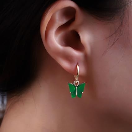 Boucles d'oreilles Papillons vert foncé, bijou en acier inoxydable argenté et en acrylique