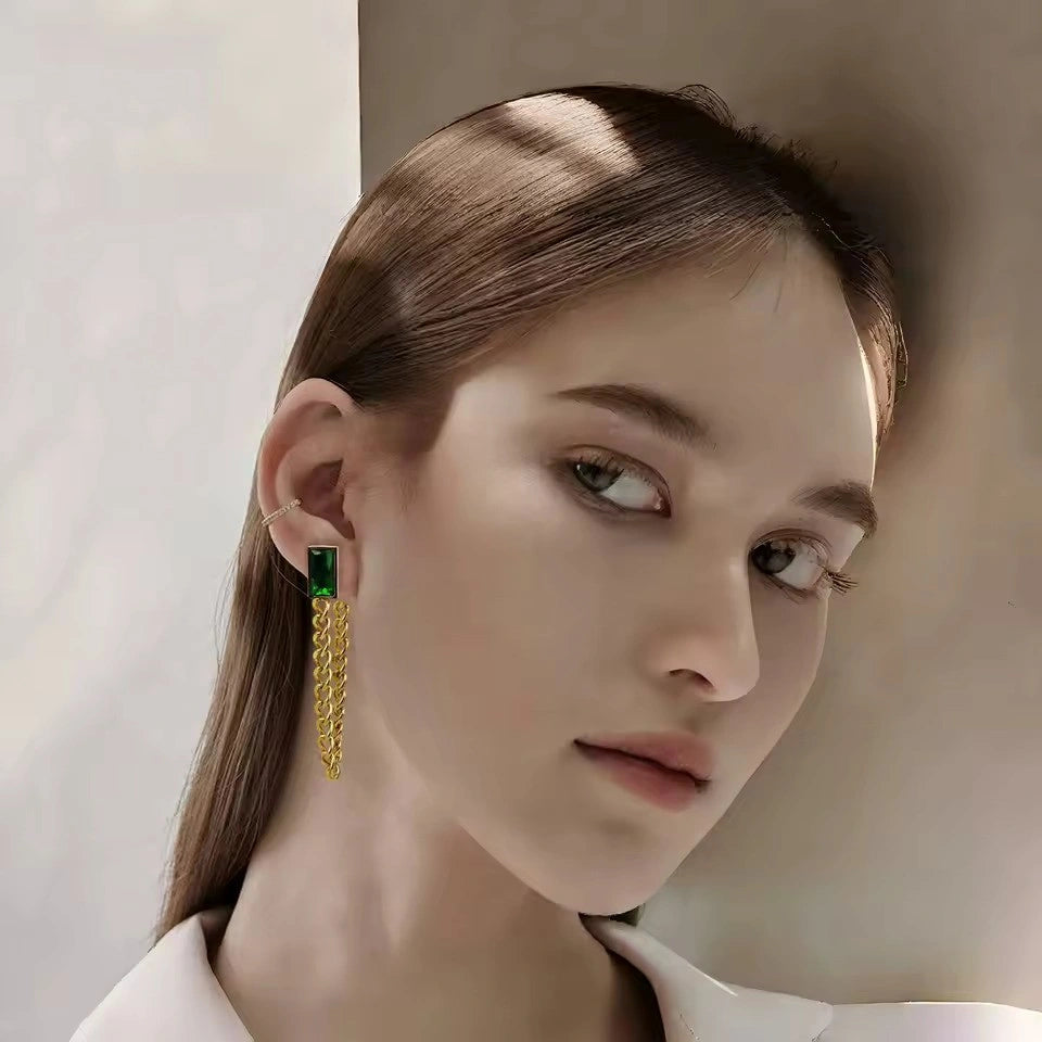 Boucles d'oreilles cristal vert émeraude, bijou en acier inoxydable plaqué or et en cristal
