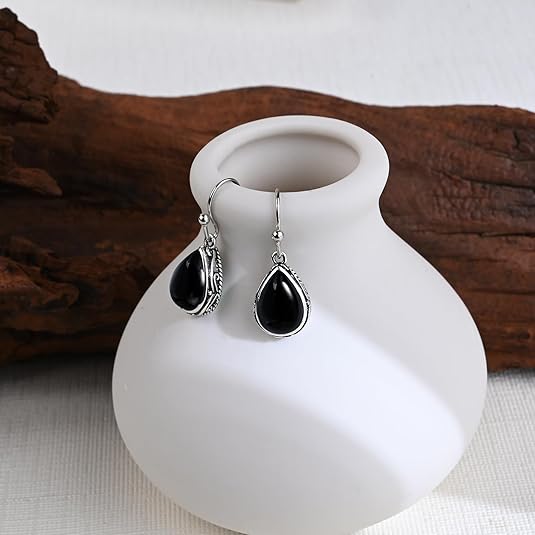 Boucles d'oreilles Goutte pierre noire, bijou en alliage plaqué argent