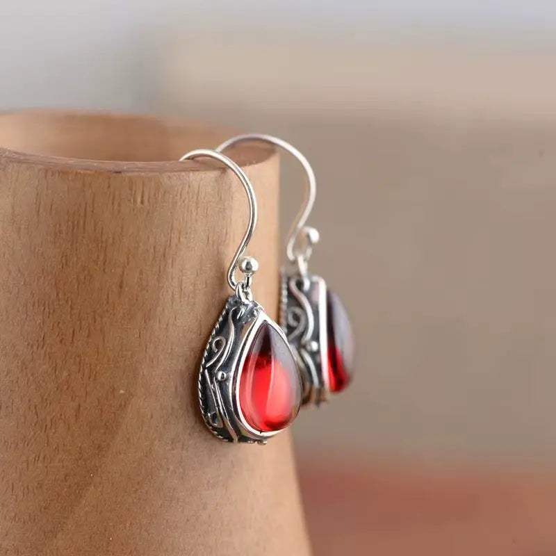 Boucles d'oreilles Goutte pierre rouge, bijou en alliage plaqué argent