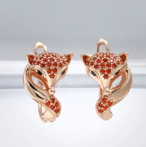Boucles d'oreilles Renard, bijou en plaqué or 585 (14 carats) et en zircons naturels