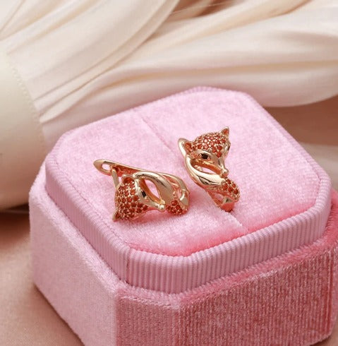Boucles d'oreilles Renard, bijou en plaqué or 585 (14 carats) et en zircons naturels