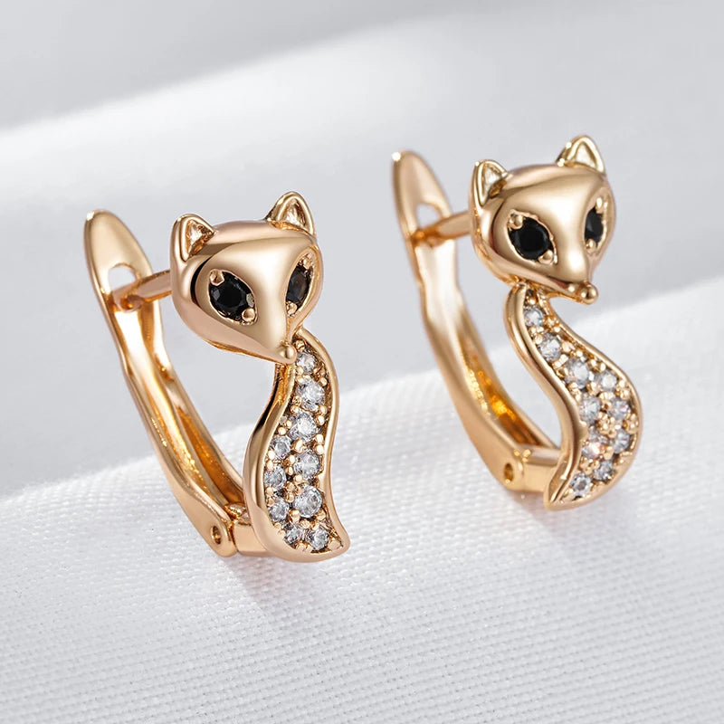 Boucles d'oreilles Renard, bijou en plaqué or 585 (14 carats) et zircons naturels blancs