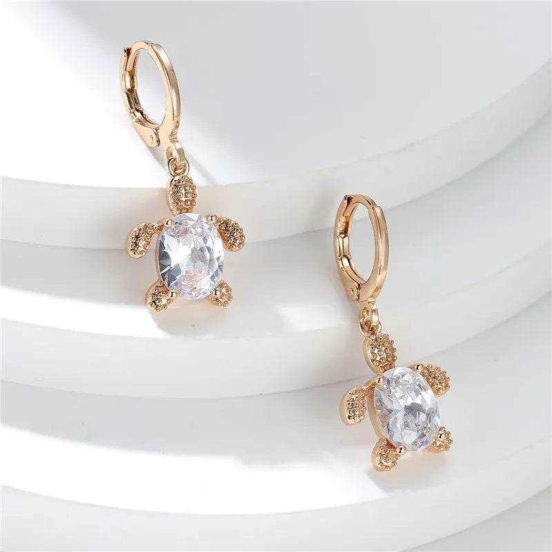 Boucles d'oreilles Tortues, bijou en alliage plaqué or 585 (14 ct) et zircons blancs
