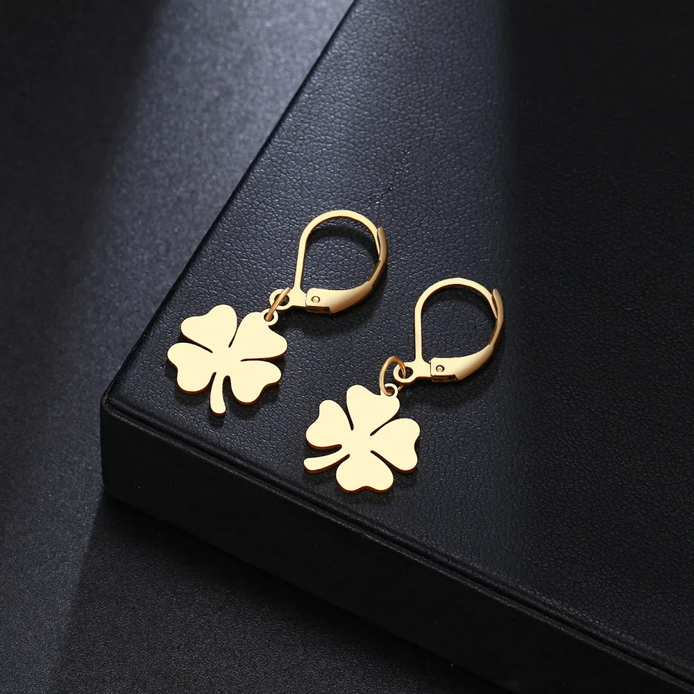 Boucles d'oreilles Trèfles porte-bonheur, bijou en acier inoxydable doré