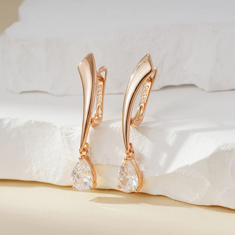 Boucles d'oreilles avec zircons en poire, bijou en plaqué or rose