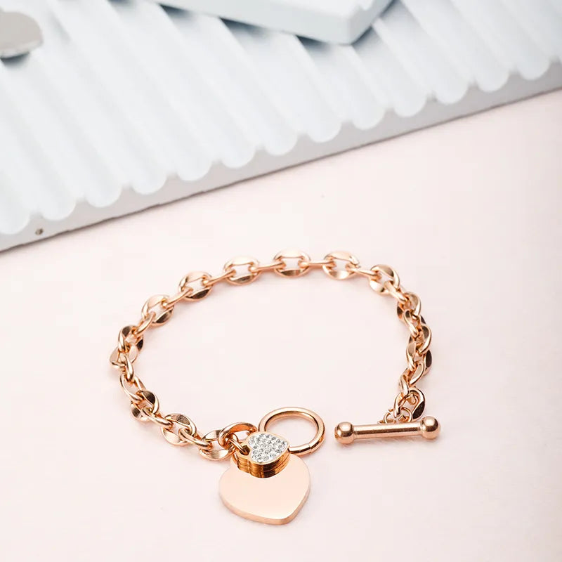 Bracelet à breloques duo de coeurs, bijou en acier inoxydable plaqué or rose