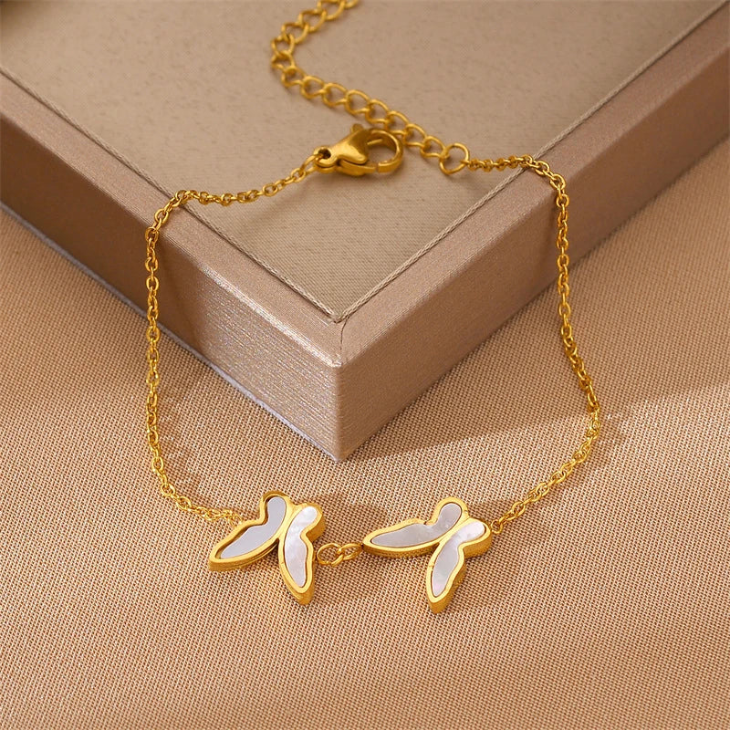 Bracelet Papillons blancs, bijou en acier inoxydable doré 18 carats