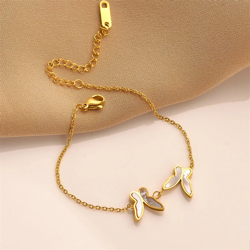 Bracelet Papillons blancs, bijou en acier inoxydable doré 18 carats