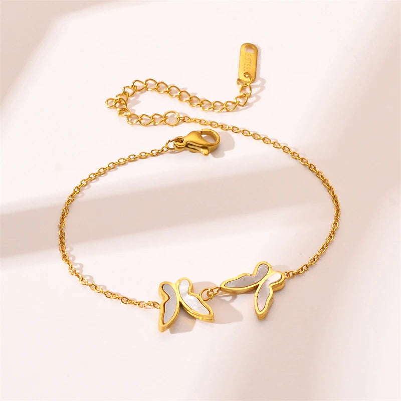 Bracelet Papillons blancs, bijou en acier inoxydable doré 18 carats