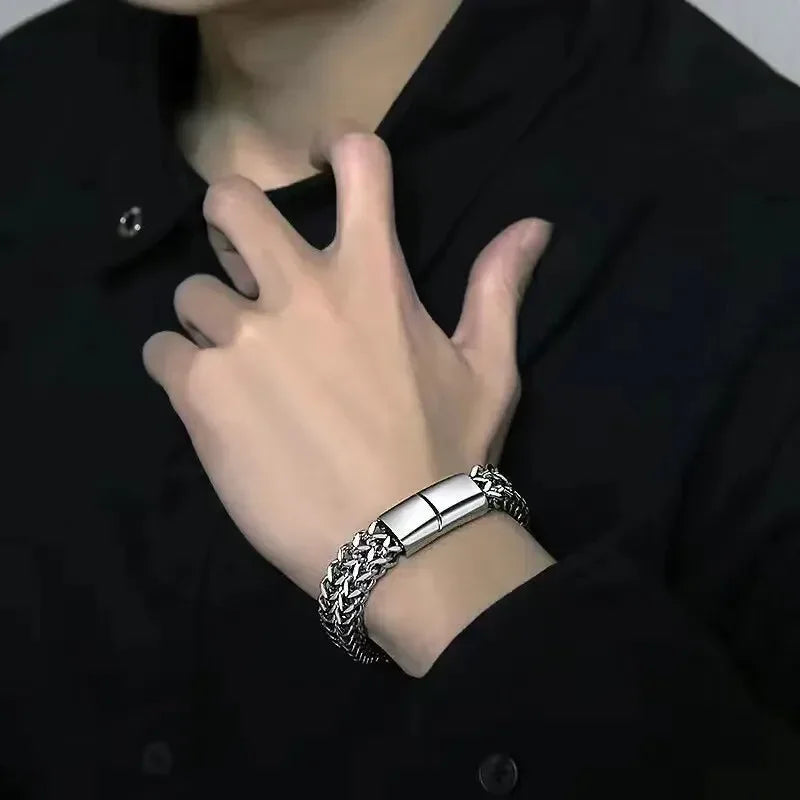 Bracelet pour hommes, maille tressée, bijou en acier inoxydable argenté