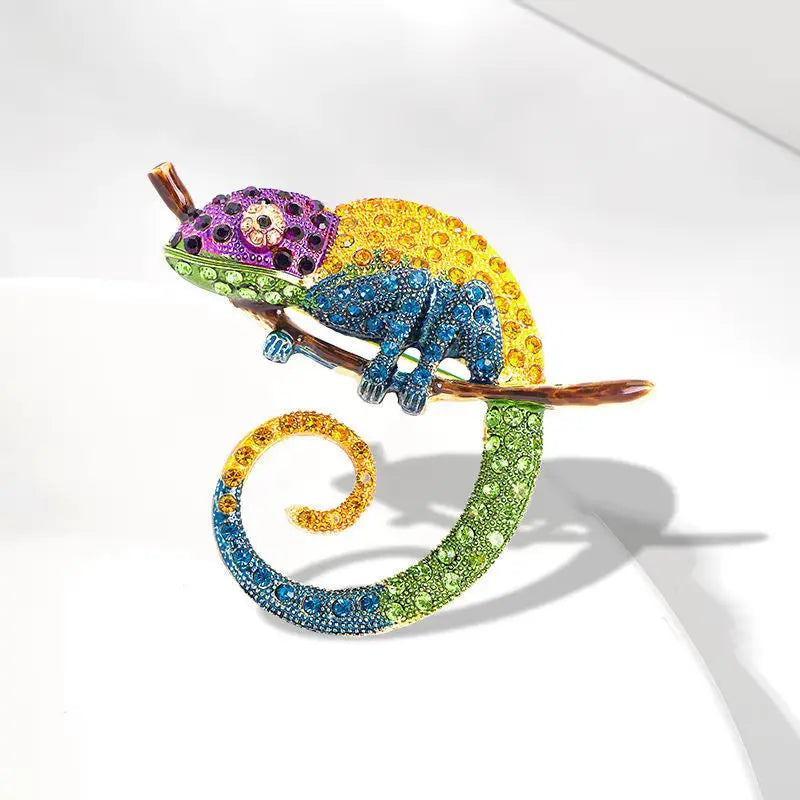 Broche Caméléon, bijou en émail et strass
