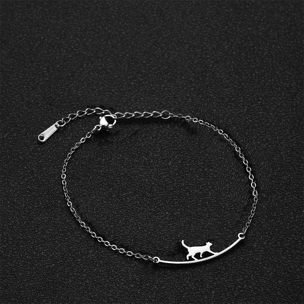 Chaîne de cheville Chat en promenade, bijou en acier inoxydable argenté