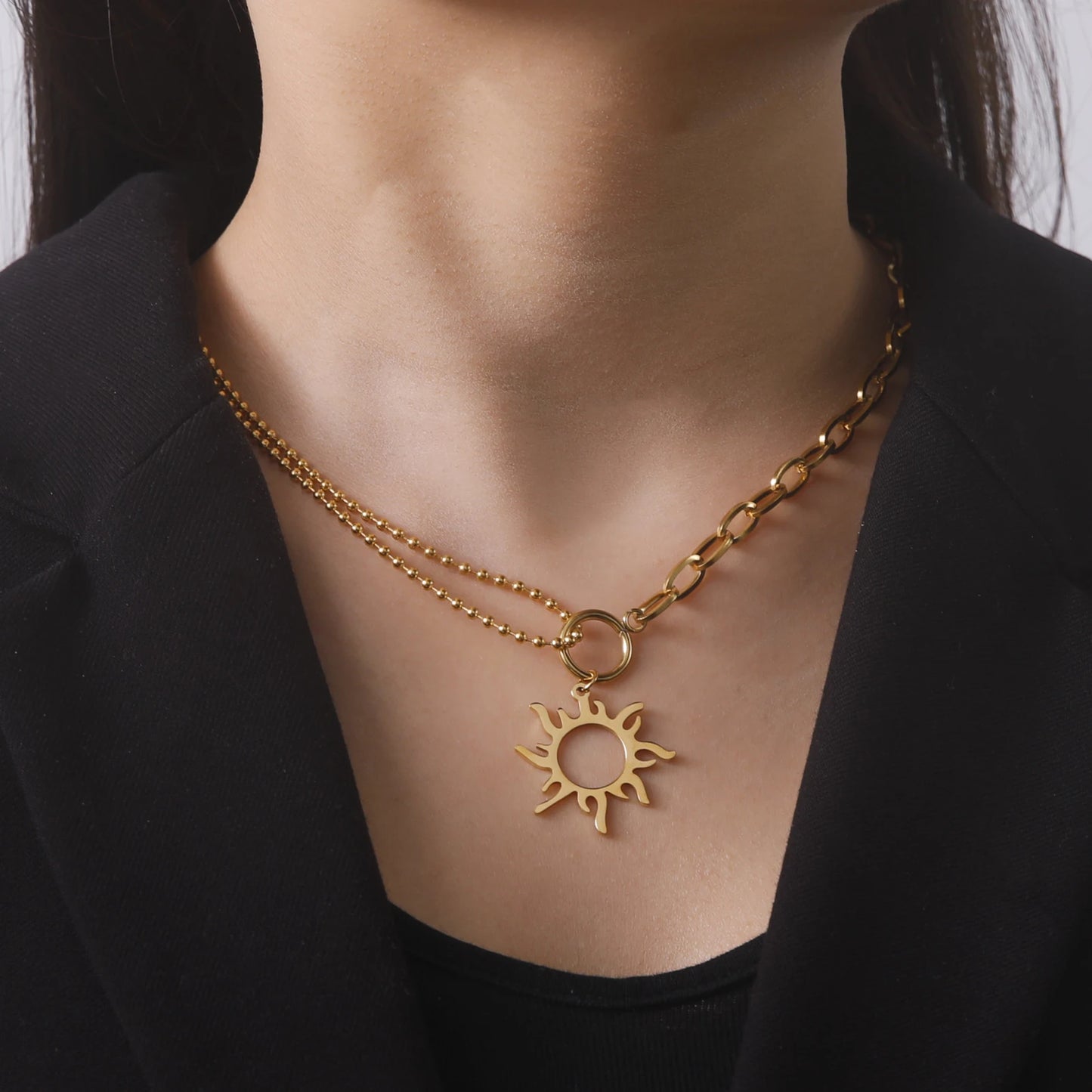 Collier asymétrique Soleil, bijou en acier inoxydable doré