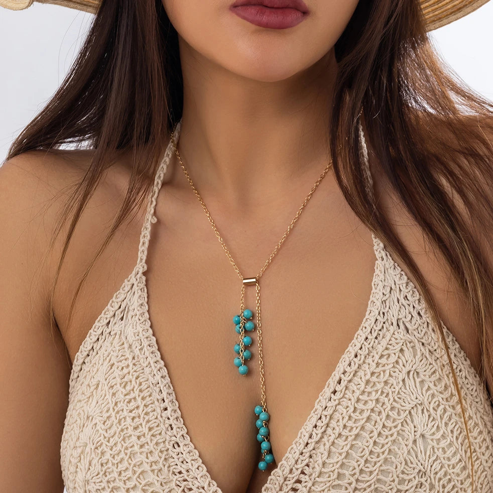 Collier en pierre bleue, bijou en alliage plaqué or et en pierre naturelle