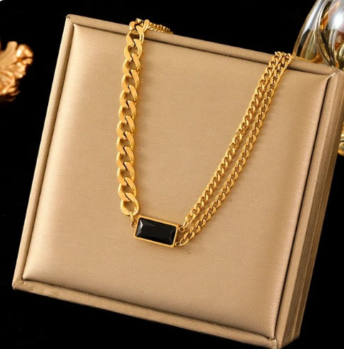 Collier pierre de cristal noir, bijou en acier inoxydable doré et en cristal