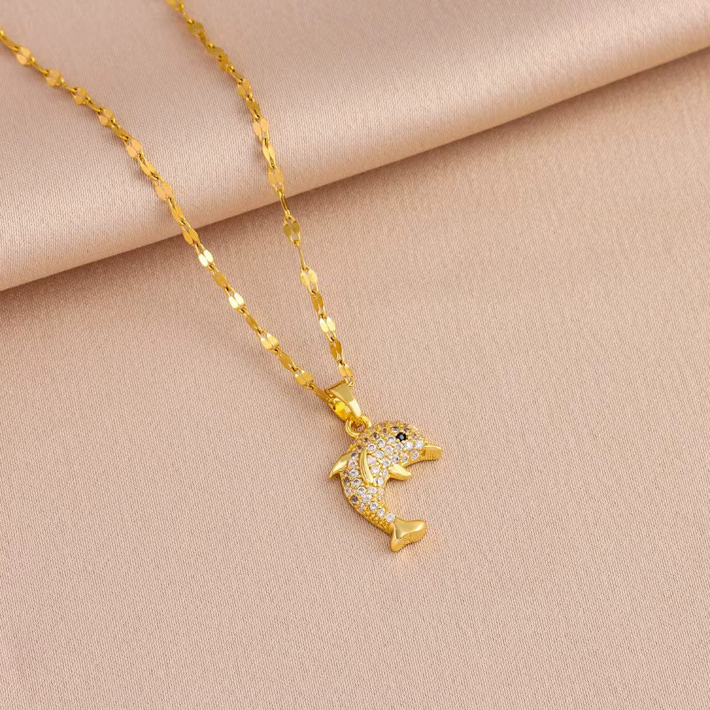 Collier Dauphin avec zircons et chaîne maille Lips, bijou en acier inoxydable doré 750 (18 carats)