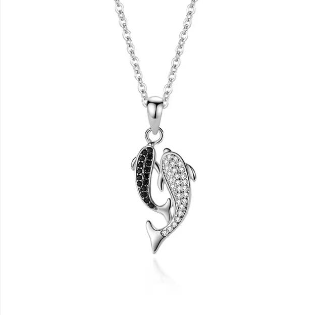 Collier Dauphins, bijou en alliage plaqué argent 925 et zircons naturels
