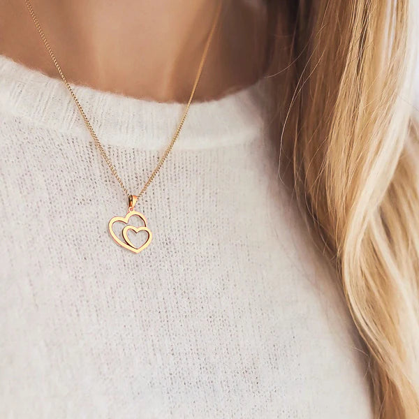 Collier pendentif Duo de coeurs, bijou en acier inoxydable doré