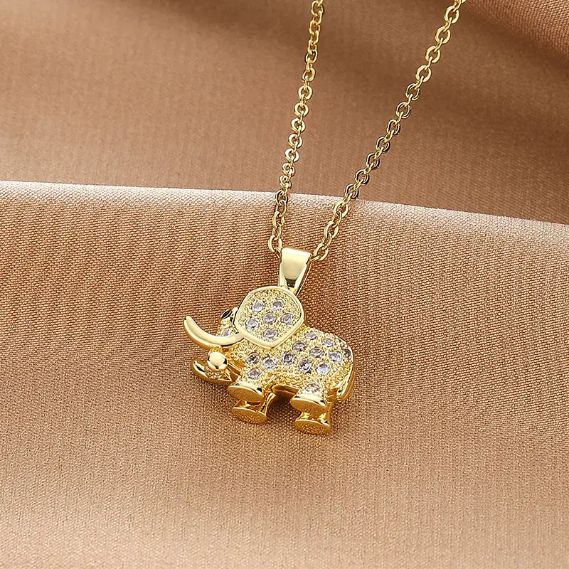 Collier éléphant avec zircons, bijou en acier inoxydable doré