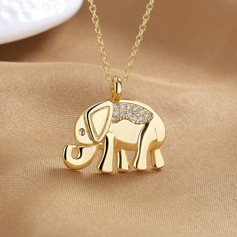 Collier Éléphant, bijou en alliage plaqué or jaune 585 (14 ct) et zircons naturels