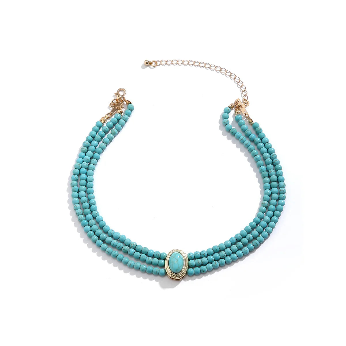 Collier multicouches de perles, bijou en alliage plaqué or et en pierre naturelle turquoise