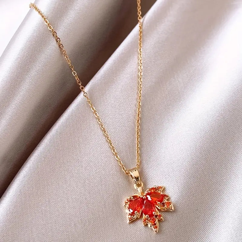 Collier Feuille d'érable avec zircons marrons, bijou en acier inoxydable doré