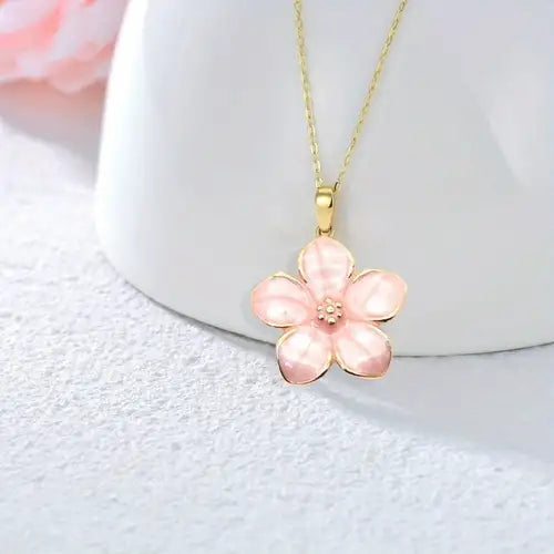 Collier Fleur de sakura rose, bijou en acier inoxydable doré et en émail
