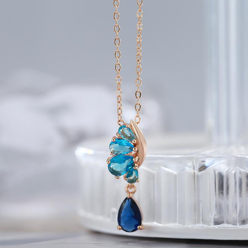 Collier Blue, bijou en alliage plaqué or 585 (14 carats) et en zircons naturels