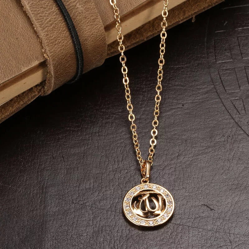 Collier Allah, bijou en alliage plaqué or 585 (14 carats) et en zircons naturels